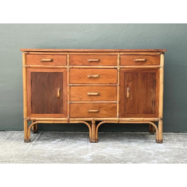 Wood Vintage MCM Bamboo and Wood Credenza For Sale - Image 7 of 12