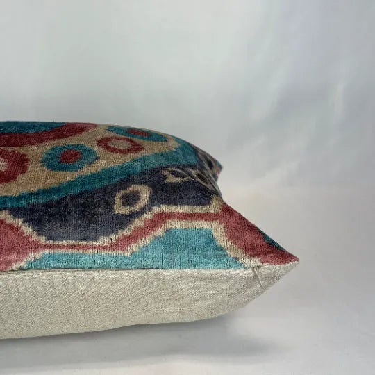 Turkish Modern Pink and Blue Velvet Silk Ikat Pillow Cover For Sale - Image 4 of 5