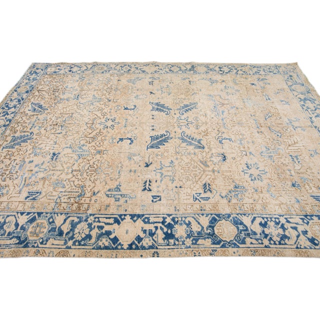 1920s Antique Persian Heriz Beige Handmade Allover Geometric Wool Rug For Sale - Image 5 of 11