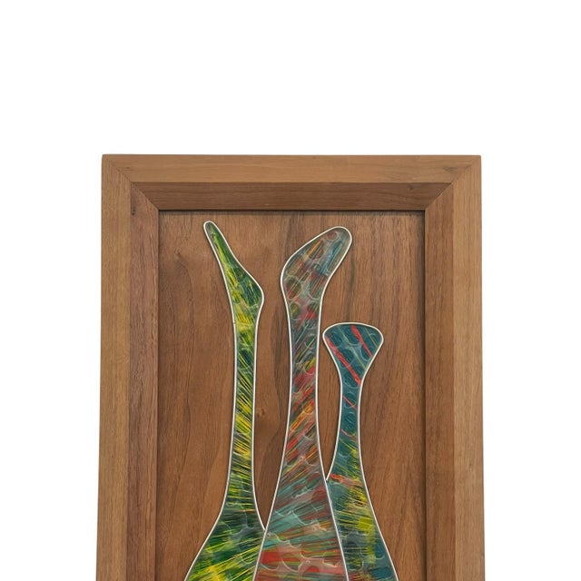 Vintage Mid-Century Modern Abstract Mixed Media Wall Art by Sheldon in Walnut Toned Frame. For Sale - Image 4 of 10