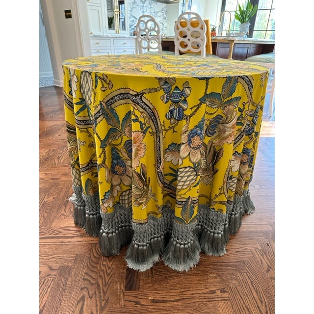 2020s Custom Table in Pierre Frey Du Roi and Samuel & Sons Tassel Fringe For Sale - Image 5 of 9
