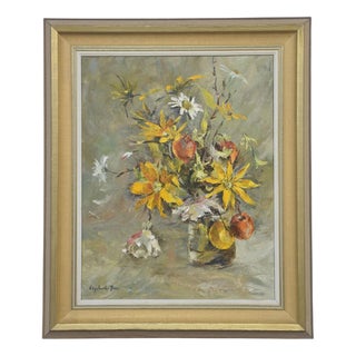 Still Life with Yellow Flowers and Fruit, 1960s, Oil on Canvas, Framed For Sale