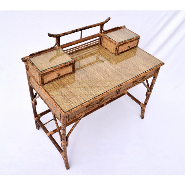 Ralph Lauren British Colonial Style Burnt Bamboo and Grasscloth Pagoda Desk and Chair For Sale - Image 4 of 12