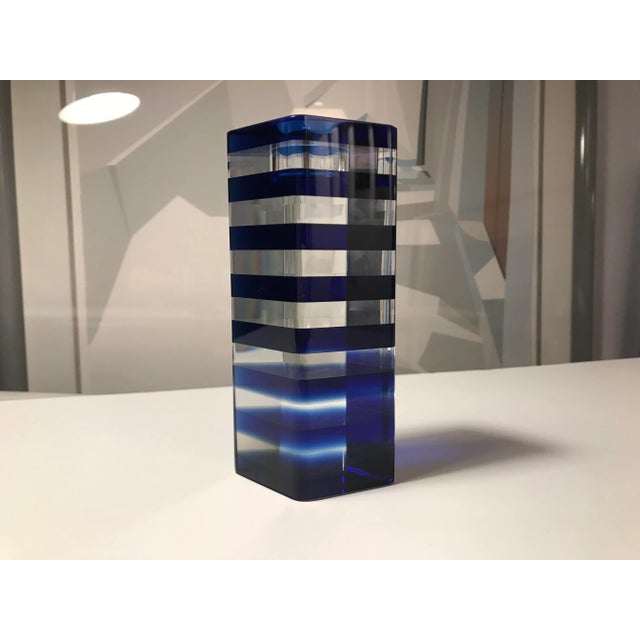 Mid-Century Cobalt Blue Stripes Hand Blown Art Glass Candle Holder For Sale - Image 9 of 9
