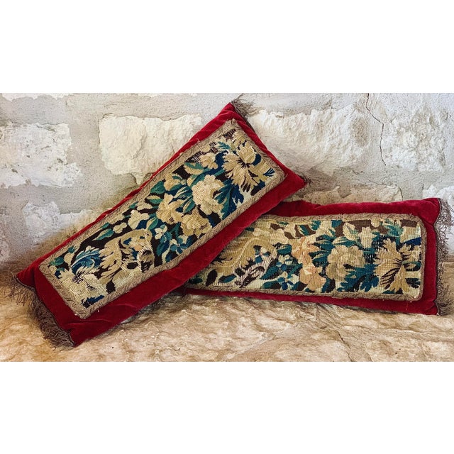 Antique 18th Century European Verdure Tapestry Fragment Velvet Pillows With Bullion Fringe- A Matching Pair For Sale - Image 9 of 10