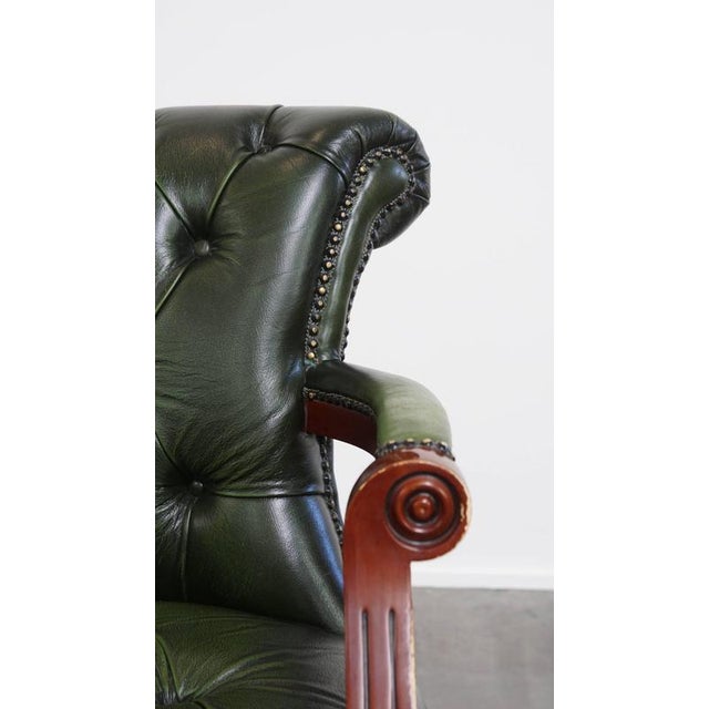 English Green Cowhide Chesterfield Desk Chair on Wheels For Sale - Image 12 of 15