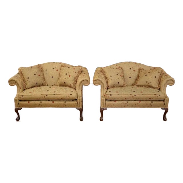 Pair of Sherrill Furniture Beige Chippendale Humpback Settee Loveseat Sofas For Sale