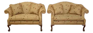 Pair of Sherrill Furniture Beige Chippendale Humpback Settee Loveseat Sofas
