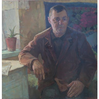 Soviet Man Portrait, Original Oil Painting by Sokolovsky, 1970s 78.5-79 For Sale