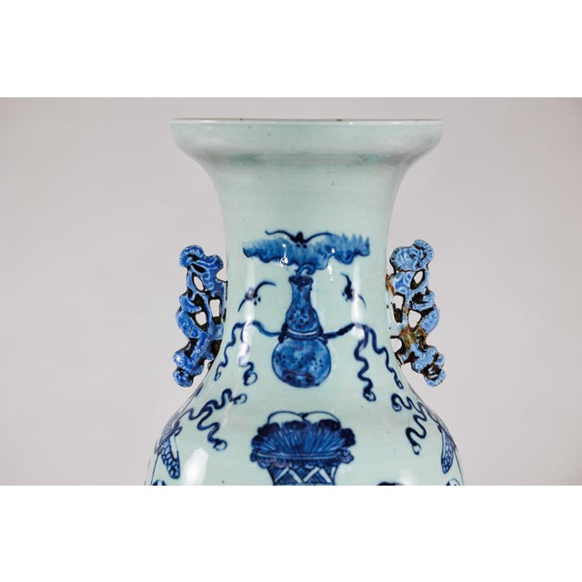 "About the Item An elegant Chinese blue and white altar vase featuring auspicious objects rendered in deep cobalt blue...