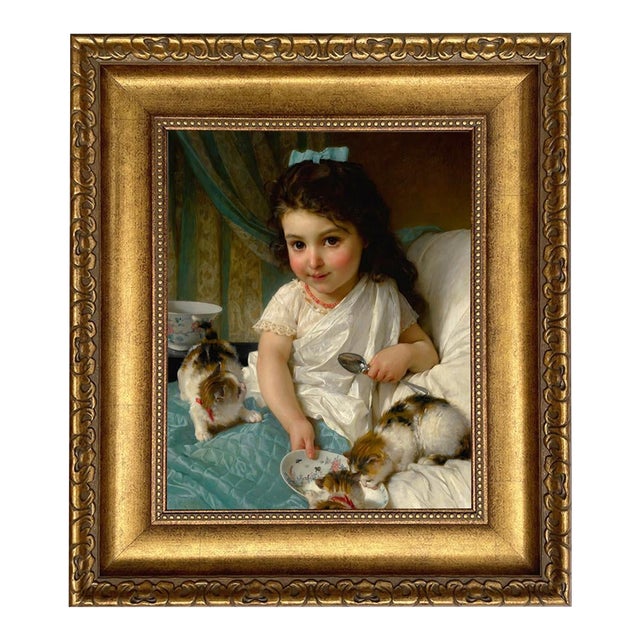 Young Girl With Kittens Framed 11x14" Oil Painting Print on Canvas For Sale