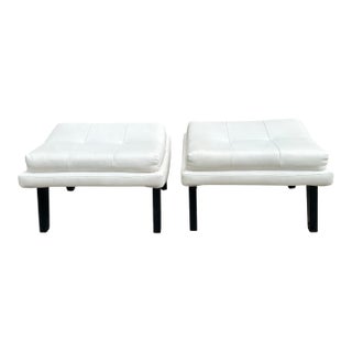 Post Modern White Leather Scoop Shape Ottomans, Pair For Sale