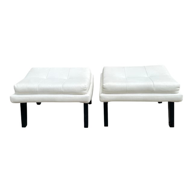 Post Modern White Leather Scoop Shape Ottomans, Pair For Sale
