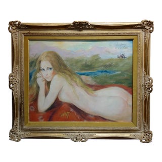 1970s Vintage "Nude Blonde Laying on a Outdoor Field" Painting by Sheldon C Schoenberg For Sale