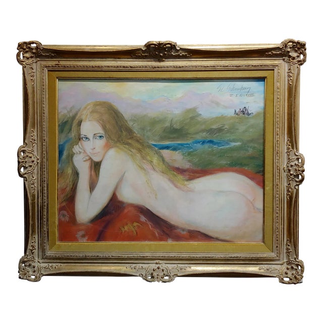 1970s Vintage "Nude Blonde Laying on a Outdoor Field" Painting by Sheldon C Schoenberg For Sale