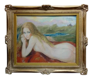 1970s Vintage "Nude Blonde Laying on a Outdoor Field" Painting by Sheldon C Schoenberg