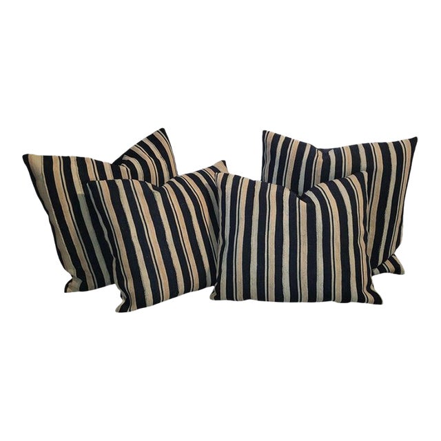 Collection of Four 19Thc Striped Blue and White Linen Pillows For Sale