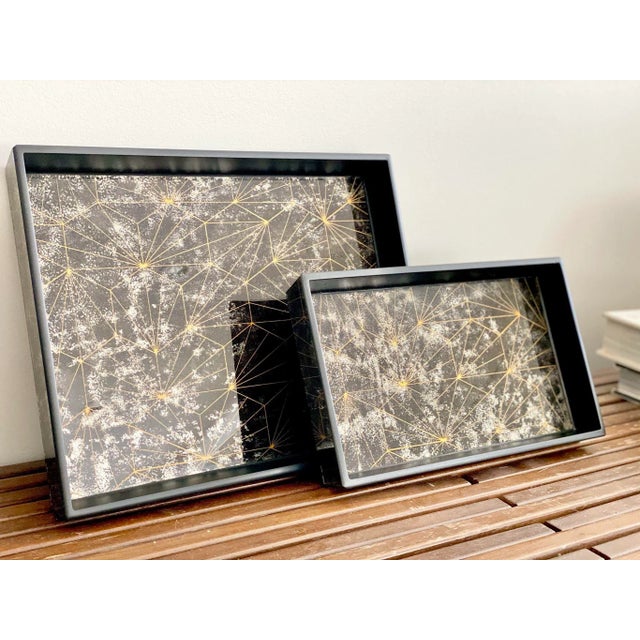 Pigeon & Poodle Solara Optic Painted Mirror Black Nesting Trays - A Pair For Sale - Image 4 of 7