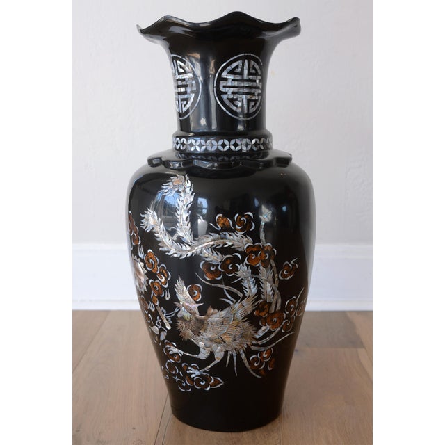 Asian Large Vintage 1960s Vietnamese Black Lacquer & Mother of Pearl Floor Vases - A Pair For Sale - Image 3 of 15