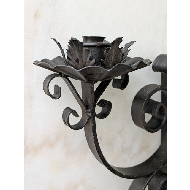 Gothic Vintage Spanish Revival Large Wrought Iron Candle Wall Sconces For Sale - Image 3 of 7