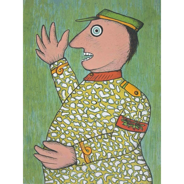 The General is an artwork realized by Enrico Baj in 1974. Mixed colored lithograph. Good conditions except for some light...