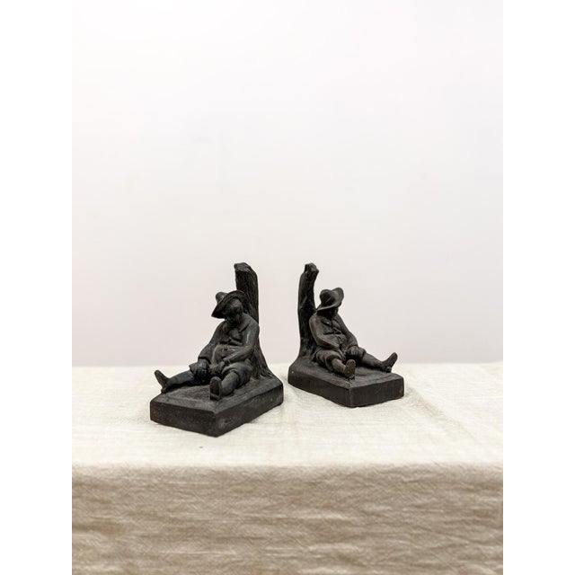Mid-Century Modern Vintage Cast Metal Bookends of Sleeping Man Figurine Decor For Sale - Image 3 of 5