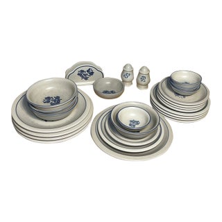 Vintage Pfaltzgraff Yorktowne Blue & Gray Stoneware Dinnerware Set - 27 Pieces For Sale
