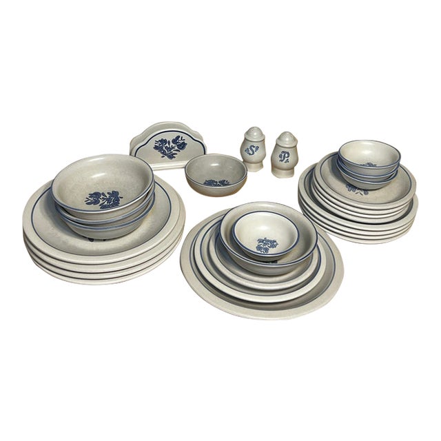 Vintage Pfaltzgraff Yorktowne Blue & Gray Stoneware Dinnerware Set - 27 Pieces For Sale
