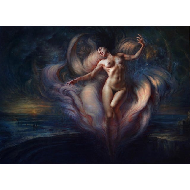 Contemporary Anthesis by Tenaya Sims | Oil Painting of a pregnant woman surrounded by flowing colors For Sale - Image 3 of 3