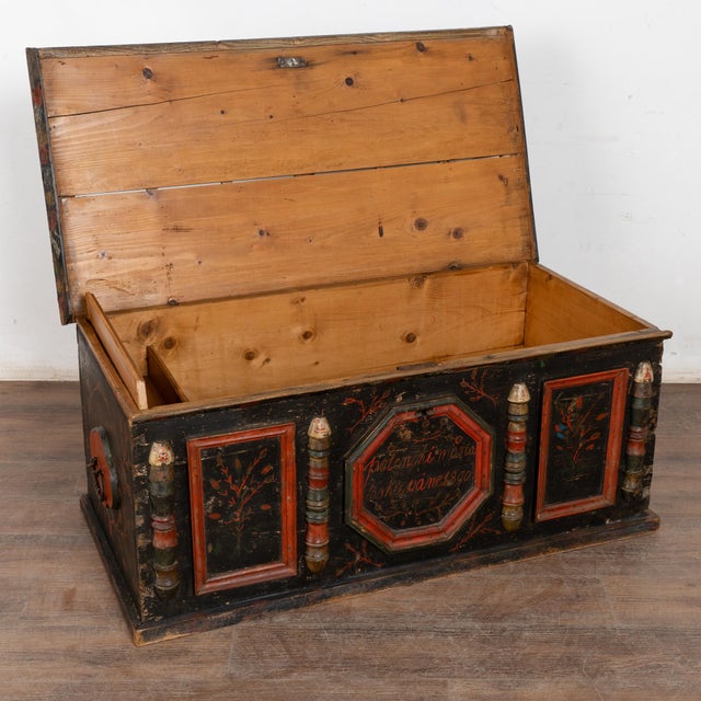 Folk Art Original Painted Hungarian Flat-Top Trunk, Dated 1890 For Sale - Image 3 of 17