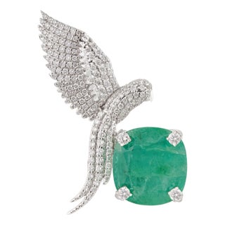 Nature-Inspired 6.59ct Cushion Emerald & Diamond Bird Brooch in 14k White Gold For Sale