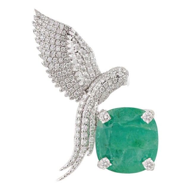 Nature-Inspired 6.59ct Cushion Emerald & Diamond Bird Brooch in 14k White Gold For Sale
