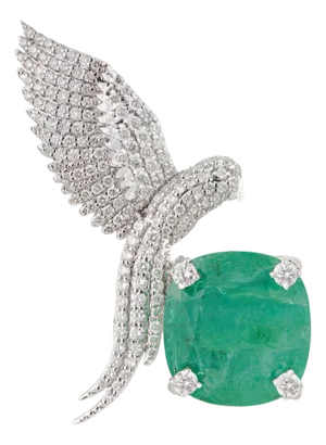 Nature-Inspired 6.59ct Cushion Emerald & Diamond Bird Brooch in 14k White Gold
