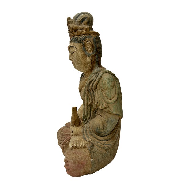 1980s 9" Chinese Meditation Cross Legs Bottle Sitting Bodhisattva Wood Statue For Sale - Image 5 of 6
