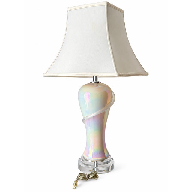 Glass Iridescent Pearlescent Spiral Ribbon Table Lamp With Clear Tiered Base For Sale - Image 7 of 17