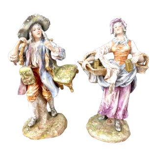 Early 20th Century Albert Stahl Furniture Mender and Hardware Woman - Travelling Peddler Figurines. Set of 2 For Sale