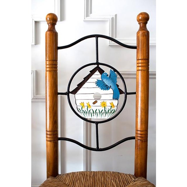 Vintage Hand Painted Folk Art Dining Chairs With Woven Rush Seats - Set of 5 For Sale - Image 10 of 13