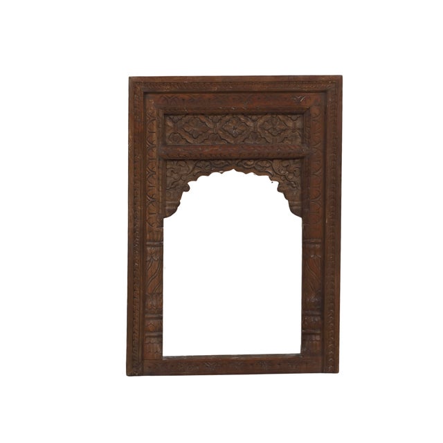 Antique Indian Teakwood Carved Window Frame Mirror For Sale - Image 4 of 5