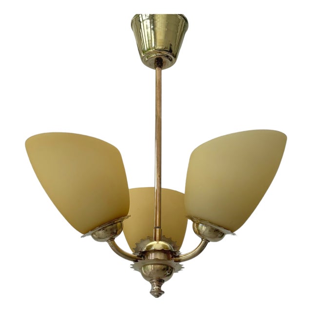 Scandinavian 3-Arm Chandelier in Brass and Yellow Glass, Sweden, 1940s For Sale