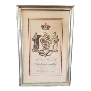 Antique English 18th C Baroness Priscilla Bertie Framed Coat of Arms Color Engraving