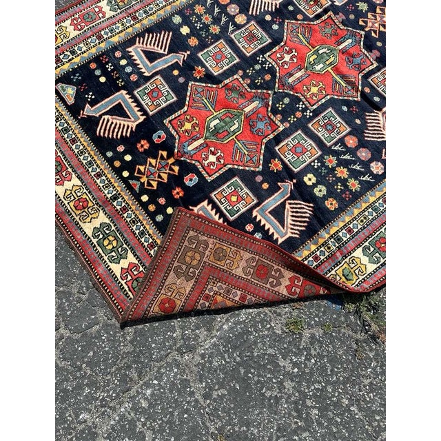 Tribal Antique Kazak Rug | Bold Geometric Tribal Design, Navy Field | 5'5"x6'5" For Sale - Image 3 of 7