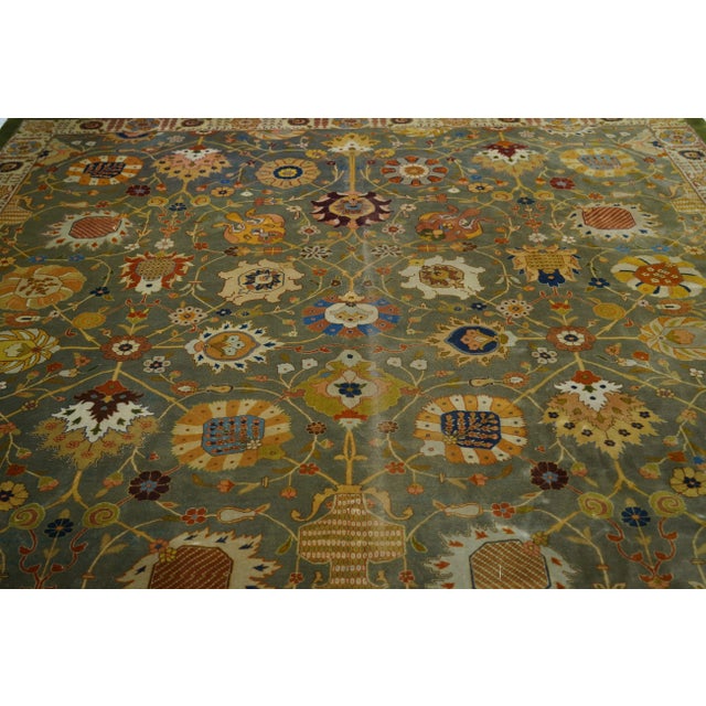 Textile Antique Hand Knotted Green Tabriz Rug 9'7'' X 11'11'' For Sale - Image 7 of 10