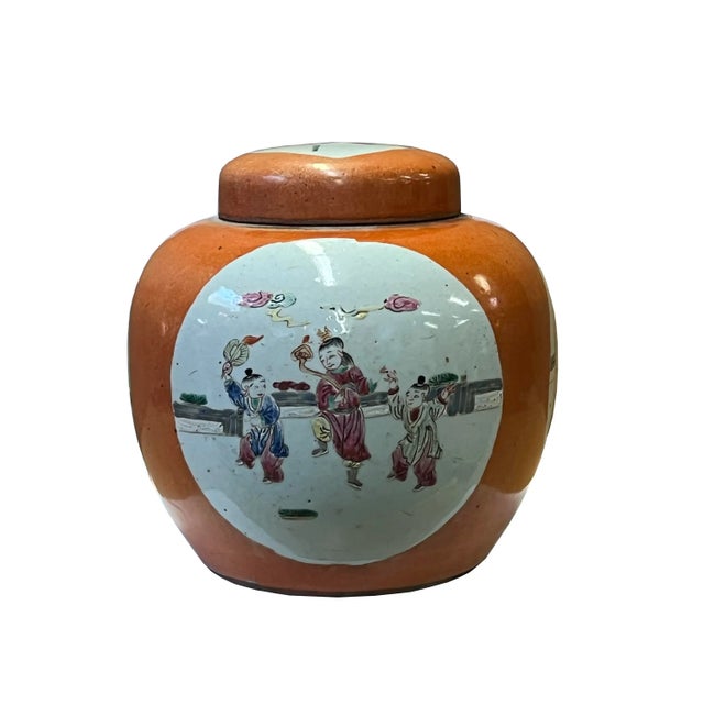 2020s Oriental Orange Base Kids Graphic Porcelain Round Jar For Sale - Image 5 of 5
