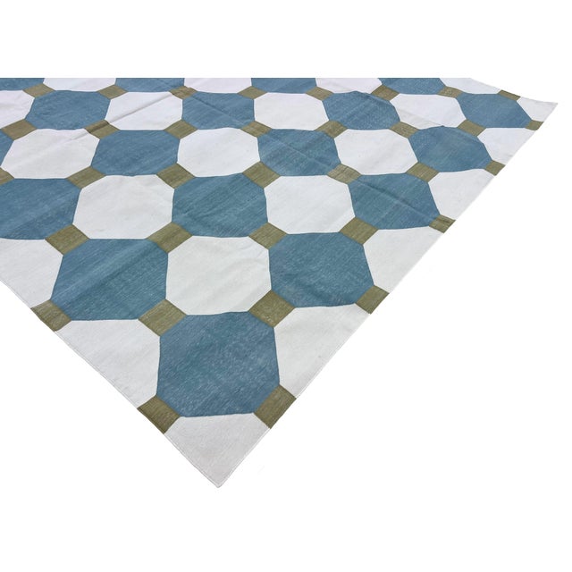 Casa Cosima Handmade Cotton Flat Weave Area Rug, Teal Blue, Cream and Olive Green Tile Dhurrie - 8'x10' For Sale - Image 4 of 13
