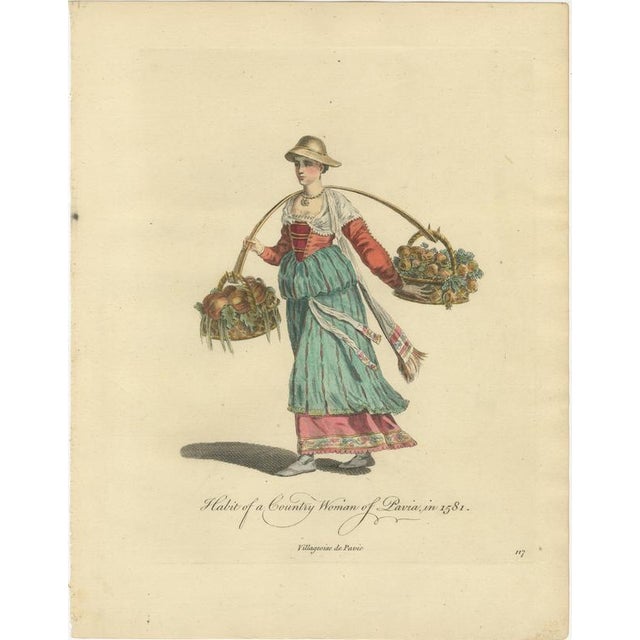 European School, Italian Country Woman Costume Pavia Peasant Dress, 1749, Paper Engraving For Sale - Image 3 of 9