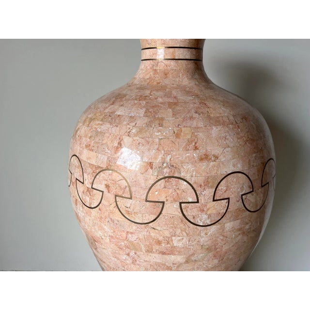 Pink Overscale Maitland Smith - Style Tessellated Stone and Brass Inlaid Floor Vase/ Sold For Sale - Image 8 of 13