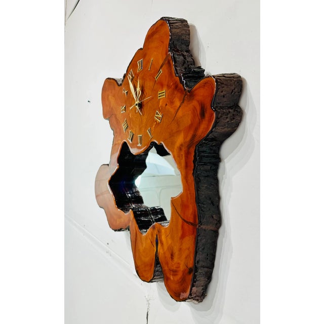 Vintage Mid Century Raw Edge Wood Slab Wall Mirror & Clock For Sale - Image 4 of 6