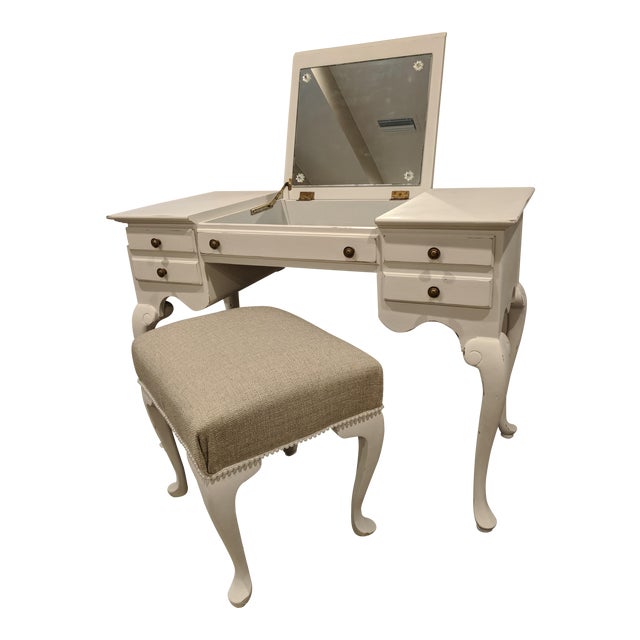 1940s French Country Makeup Vanity Desk With Pearl Accented Chair