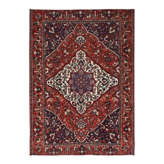 1950 8'7"x11'2" Turkey Red Wool Vintage Persian Bakhtiari Hand Knotted Oriental Rug For Sale