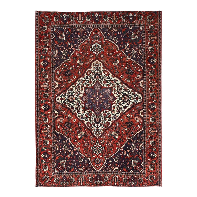 1950 8'7"x11'2" Turkey Red Wool Vintage Persian Bakhtiari Hand Knotted Oriental Rug For Sale